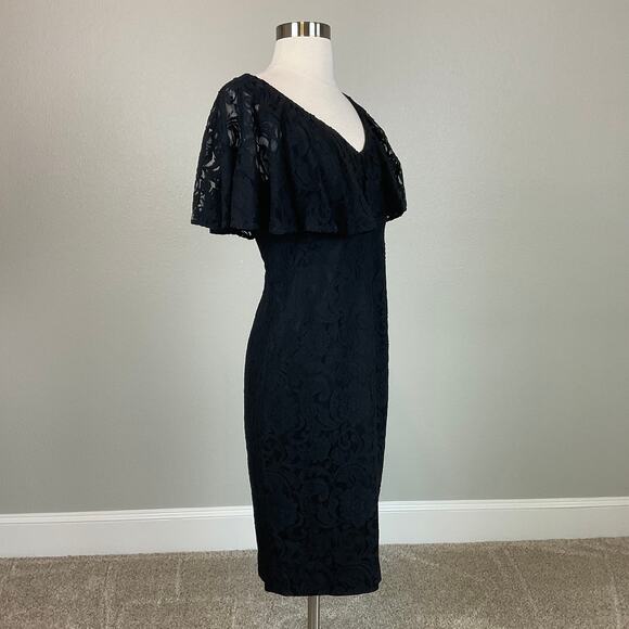 Ralph Lauren Black Lace Cocktail Dress Size 8 Ruffled V-Neck Short Sleeve Sheath - Picture 2 of 12